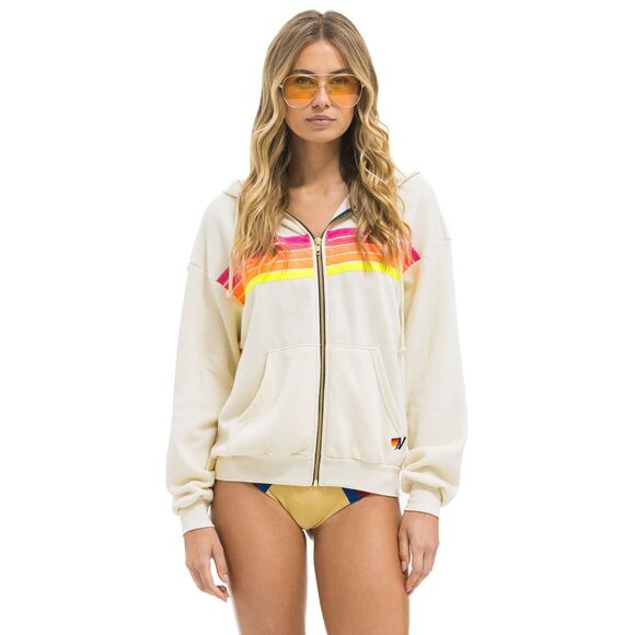 Aviator Nation Unisex Cream Long Sleeve 5 Stripe Full Zip Hoodie Small NWOT - Picture 1 of 12